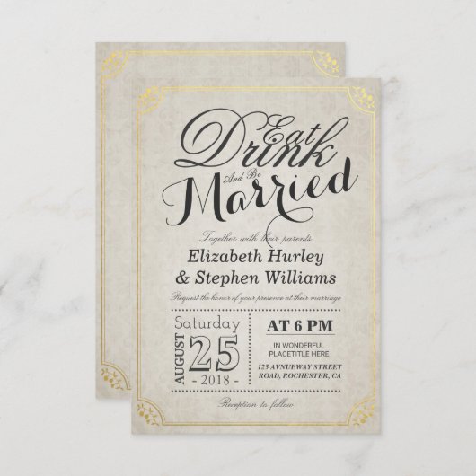 ドリンク食べとベ結婚したーの紙金ゴールド縁ど 招待状 (正面/裏面)