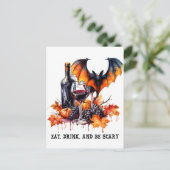 ドリンク食べと怖い秋ハロウィンこうもりとワイン ポストカード (スタンド正面)