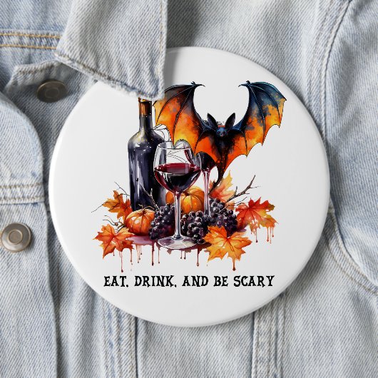 ドリンク食べと怖い秋ハロウィンこうもりとワイン 缶バッジ (インサイチュ)
