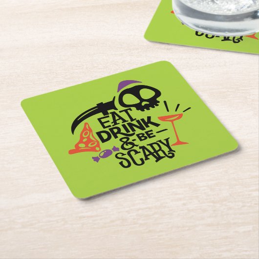 ドリンク食べと怖がるグリーンハローウィンパーティ スクエアペーパーコースター (アングル)
