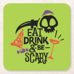ドリンク食べと怖がるグリーンハローウィンパーティ スクエアペーパーコースター<br><div class="desc">ワイ食べングラスやスカル、ホラー紙、ピザ、キャンディーを使ったおもしろいタイポグラフィの重いコーヒーコースターに、ドリンクとホラーがプリントされている。素晴らしおもしろいのパーティーやホス与えスの贈り物として。ハロウィーンのテーマに合わせてライムグリーンの背景色飾を変更する。私たちの店のマッチングアイテム。</div>