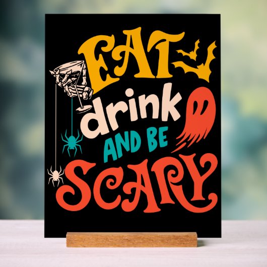ドリンク食べと怖がるタイポグラフィハロウィン アクリルサイン (ニュートラル)