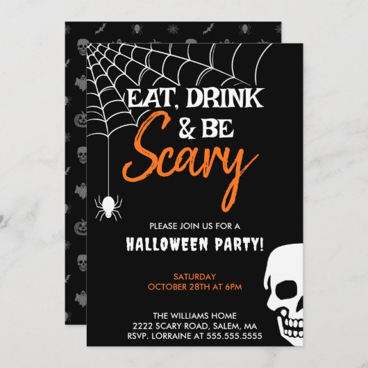 ドリンク食べと怖がるハローウィンパーティブラック 招待状 (正面/裏面)