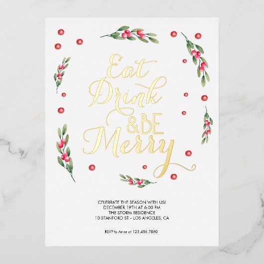 ドリンク食べと楽しいクリスマスのパーティの招待状 箔招待状ポストカード (正面)