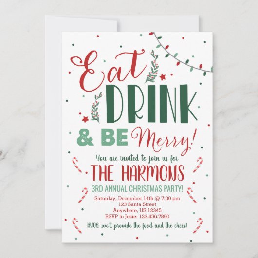 ドリンク食べと楽しいクリスマスのパーティー 招待状 (正面)