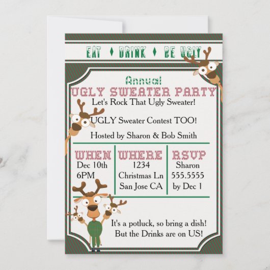ドリンク食べの醜い私たちの醜いセーターのクリスマスパーティー 招待状 (正面)
