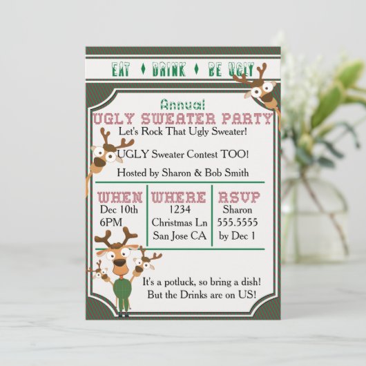 ドリンク食べの醜い私たちの醜いセーターのクリスマスパーティー 招待状 (スタンド正面)