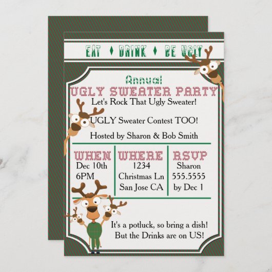 ドリンク食べの醜い私たちの醜いセーターのクリスマスパーティー 招待状 (正面/裏面)