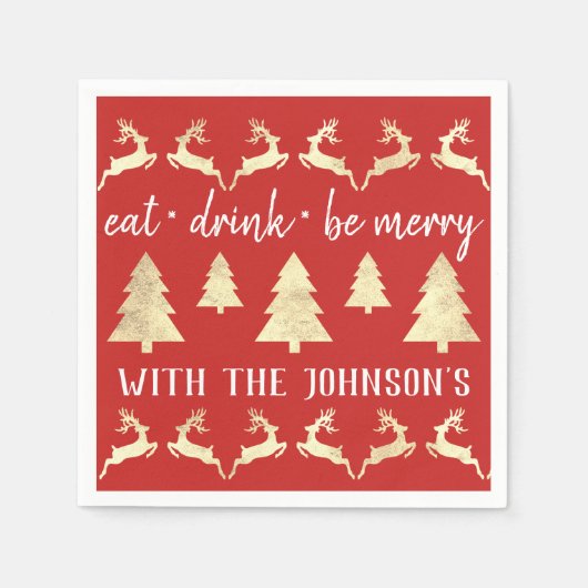 ドリンク食べは白の金ゴールドメリートナカイ赤白 スタンダードカクテルナプキン (正面)