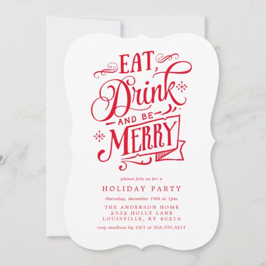 ドリンク食べアンドベメリーレッドストライプホリデーパーティー 招待状 (正面)