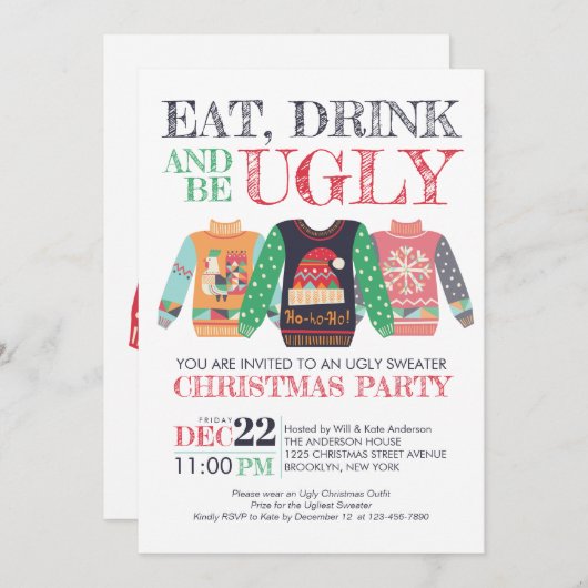 ドリンク食べビーアグイのセータークリスマスホリデーパーティー 招待状 (正面/裏面)