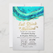 ドリンク食べベの結婚したティール(緑がかった色)結婚金ゴールドアゲイト 招待状 (正面)