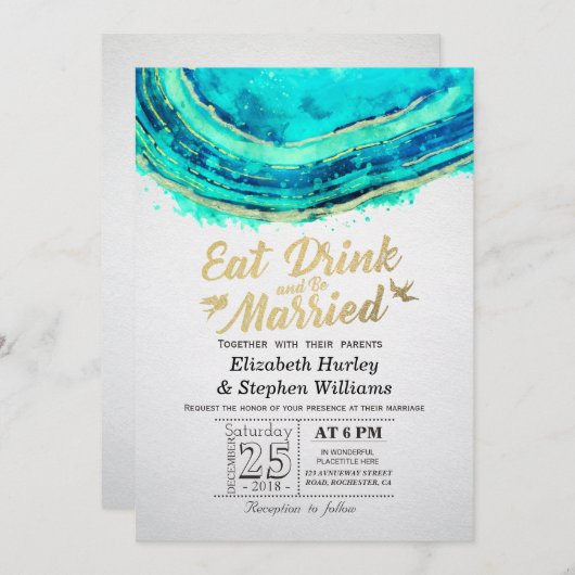 ドリンク食べベの結婚したティール(緑がかった色)結婚金ゴールドアゲイト 招待状 (正面/裏面)