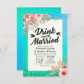 ドリンク食べベの結婚したフローラティール（緑がかった色）金ゴールドドット 招待状 (正面/裏面)