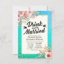 ドリンク食べベの結婚したフローラティール（緑がかった色）金ゴールドドット 招待状