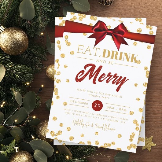 ドリンク食べベクリスマスメリー金ゴールドグリッターボウ 招待状
