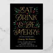 ドリンク食べベフォイルメリーホリデーパーティー招待状 箔シーズンカード (正面)