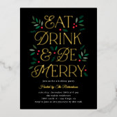 ドリンク食べベフォイルメリーホリデー招待状はがき 箔招待状ポストカード (正面)
