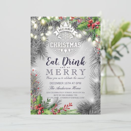 ドリンク食べベメリークリスマスホリデーディナーパーティー 招待状 (スタンド正面)