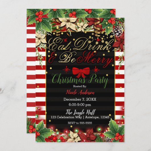 ドリンク食べベレッドボウメリークリスマスホリデーパーティー 招待状 (正面/裏面)