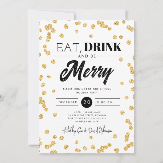 ドリンク食べベ金ゴールドメリーグリッター休日クリスマス 招待状 (正面)