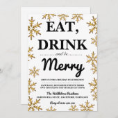 ドリンク食べメリークリスマスパーティー金ゴールド雪片 招待状 (正面/裏面)