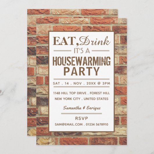 ドリンク食べ引っ越し祝いパーティーパーティー素朴レンガ招待状 招待状 (正面/裏面)