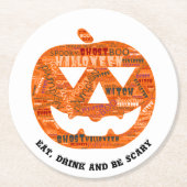 ドリンク食べ怖いハロウィーンパンプキンワードクラウド ラウンドペーパーコースター (正面)
