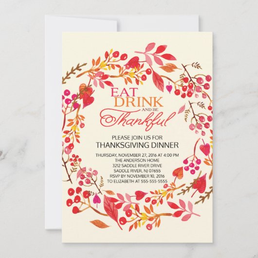 ドリンク食べ感謝リース感謝祭招待状 招待状 (正面)