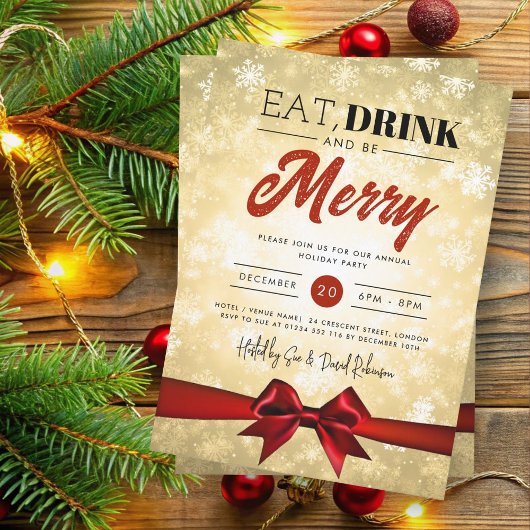 ドリンク食べ金ゴールドウィンターワンダーランドホリデークリスマスボウ 招待状