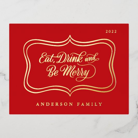 ドリンク食べ&ビーメリークリスマスクラシック金ゴールドフレーム 箔シーズンポストカード (正面)