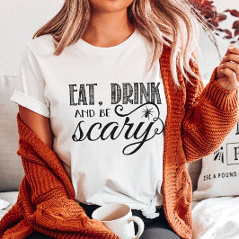 ドリンク食べ&ビー怖いハローウィンパーティブラック&ホワイト Tシャツ