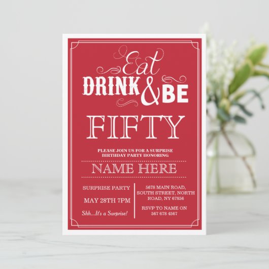 ドリンク食べ&ビー50または任意の年齢の誕生日パーティーの招待状 招待状 (スタンド正面)
