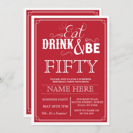 ドリンク食べ&ビー50または任意の年齢の誕生日パーティーの招待状 招待状 (正面/裏面)