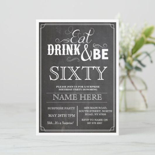 ドリンク食べ&ビー60または任意の年齢の誕生日パーティー招待状 招待状 (スタンド正面)