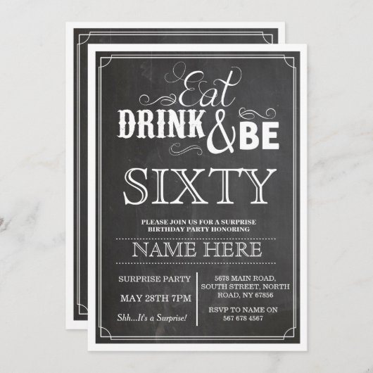 ドリンク食べ&ビー60または任意の年齢の誕生日パーティー招待状 招待状 (正面/裏面)