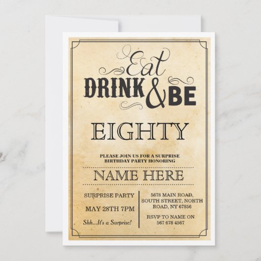 ドリンク食べ&ビー80または任意の年齢の誕生日パーティーの招待状 招待状 (正面)