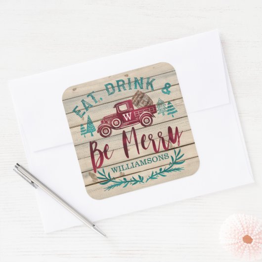 ドリンク食べ&ベレッドメリーヴィンテージトラックのワインバレル スクエアシール (封筒)
