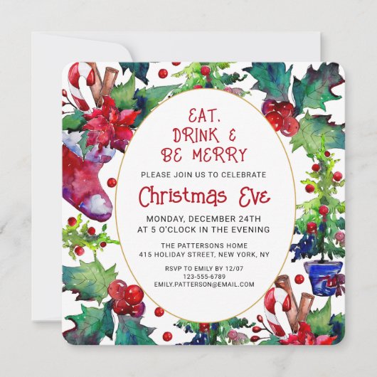 ドリンク&食べベメリークリスマスイブのフローラ 招待状 (正面)