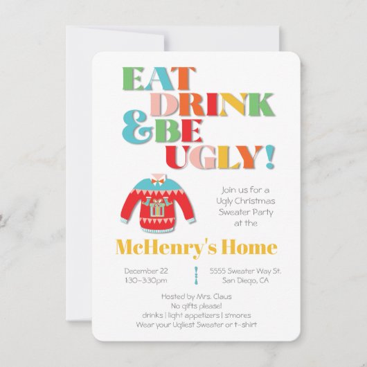 ドリンク&食べBe醜いクリスマスのセーターパーティー 招待状 (正面)