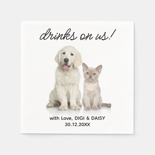 ドリンクOn Usシンプル写真かわいいおもしろいドッグペ結婚ット スタンダードカクテルナプキン (正面)