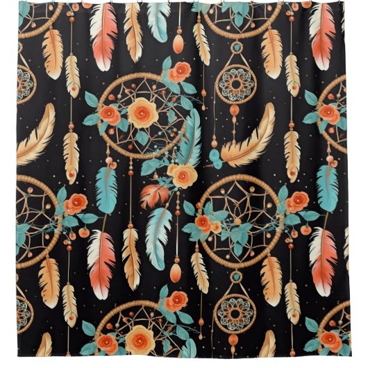 ドリーマお洒落キャッチャーbohoダークフローラブラックティール（緑がかった色） シャワーカーテン (正面)