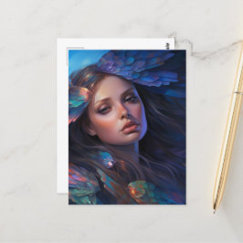 ドリーミーインディゴブルーバタフライウィングズファンタジー女性 ポストカード