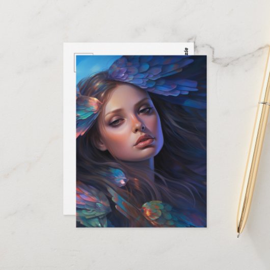 ドリーミーインディゴブルーバタフライウィングズファンタジー女性 ポストカード (正面/裏面インサイチュ)