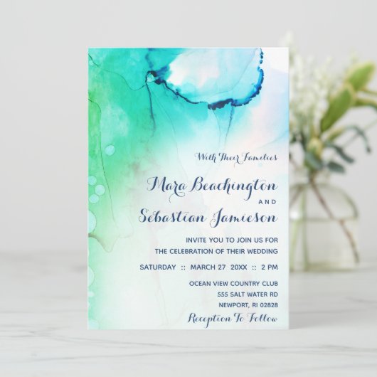 *~*ドリーミーウォーターカラーアクアビーチトレンディー モダン 招待状 (スタンド正面)