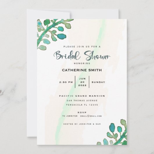 ドリーミーウォーターカラーグリーンリーブライダルシャワー 招待状 (正面)