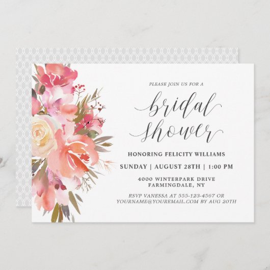 ドリーミーウォーターカラーフローラブーケブライダルシャワー 招待状 (正面/裏面)