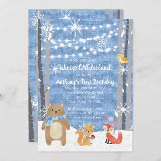 ドリーミーウッドランドフォレストアニマルズワンダーランド誕生日 招待状 (正面/裏面)