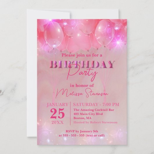 ドリーミーエレガントスパークリピンクバルーン誕生日パーティー 招待状 (正面)