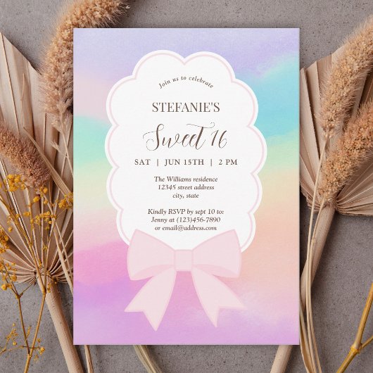 ドリーミーエレガントピンクボウスウィート16バースデーパーティー 招待状